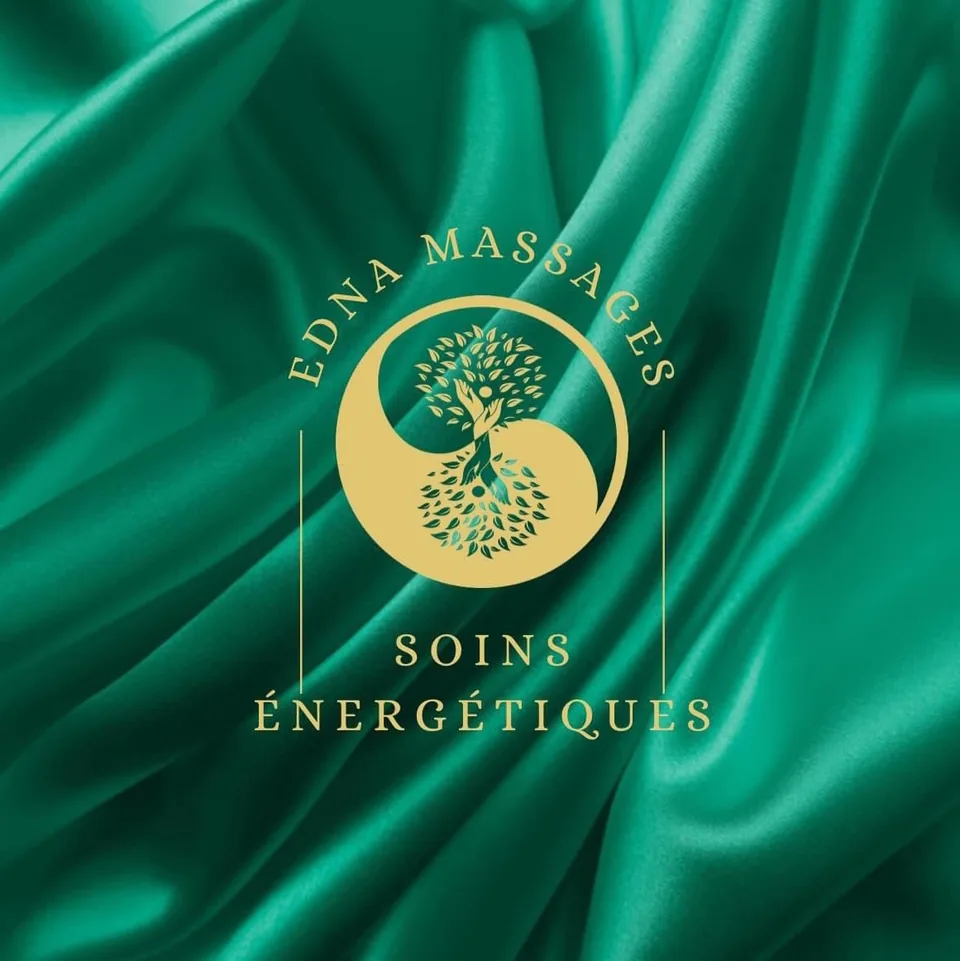 Logo Edna Massages, soins énergétiques, doré sur soie verte